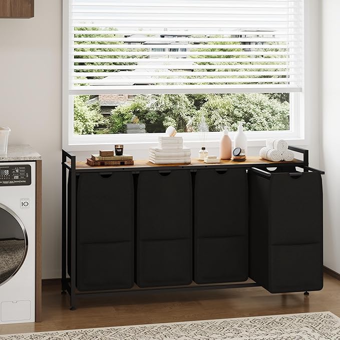 47-Inch Wide Laundry Sorter, 4 Section Hamper Basket Organizer with 100lbs Wood Top, Black Iron Frame, 30lbs Capacity Pull-Out Fabric Bags, Clothes Organizers and Storage
