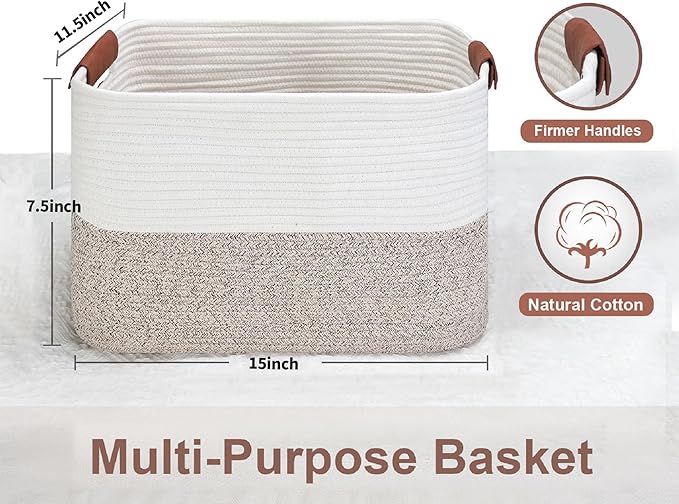 Small Cotton Rope Storage Basket with Leather Handles, 15 "L x 11.5" W x 7.5 "H, Home Decor Basket, Durable & Stylish Organizer for Home.(Small Brown)