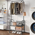 SUOERNUO Laundry Cart with Hanging Rack Rolling Laundry Hamper Sorter with Wheels Shelf,Black