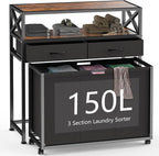 Laundry Hamper 3 Section, 150L Rolling Laundry Sorter Basket with 2 Shelves and 2 Drawers, 3 Compartment Clothes Organizer Cart with Wheels, Pull-Out Bags for Laundry Room, Bathroom, Bedroom