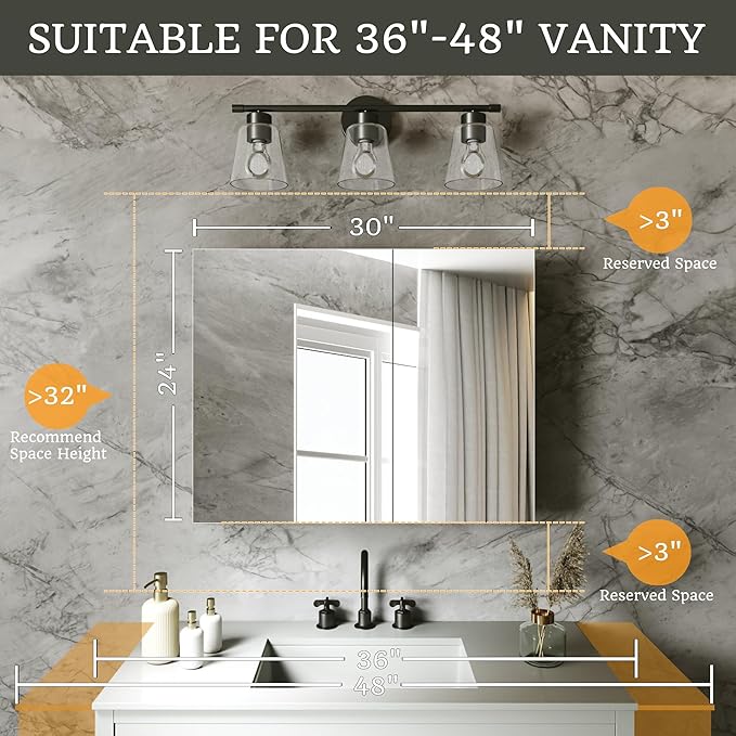 30x24 Bathroom Medicine Cabinet with Mirror,Aluminum Alloy Frame with Mirror Side Panels,Surface or Recessed Medicine Cabinet with Adjustable Shelves,Assembly Required