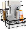 Kitchen Sink Caddy with 3 Dishcloth Drying Racks, Sponge Holder Rag Stand with Drain Pan, Metal Sink Storage Organizer with Removal Basket for Brush, Towel, Scrubber, Dish Rag, Black