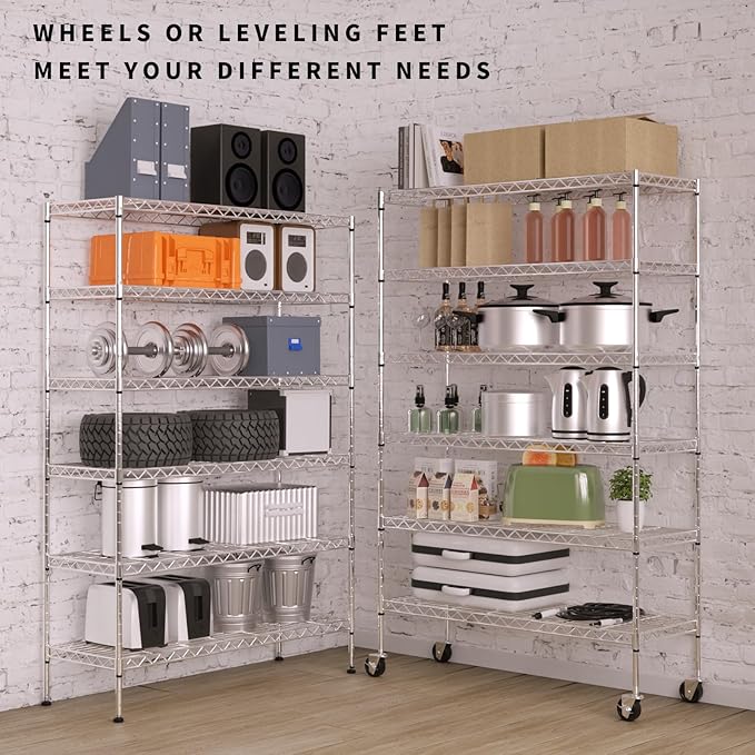 6-Tier Storage Shelves 45" x 18" x 82" Heavy Duty Metal Shelving Unit 2100Lb Capacity Adjustable Storage Racks with Wheels NSF Garage Wire Shelf for Basement Commercial, Chrome