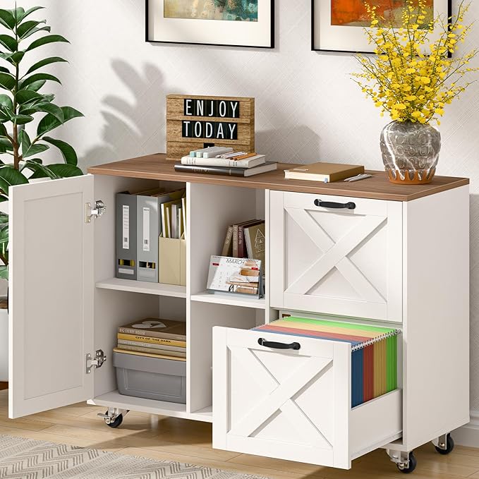 Lateral File Cabinet with 2 Drawers and Door, Mobile Farmhouse File Cabinet for Letter/A4 Size Hanging Files, Large Wood File Storage Cabinets Printer Stand for Home Office, White