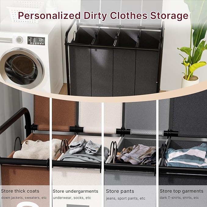 4-Compartment Laundry Cart with Lockable Wheels & Lid 180L Large Wheeled Laundry Basket Heavy-Duty Sorting Organizer for Laundry Room (Black)