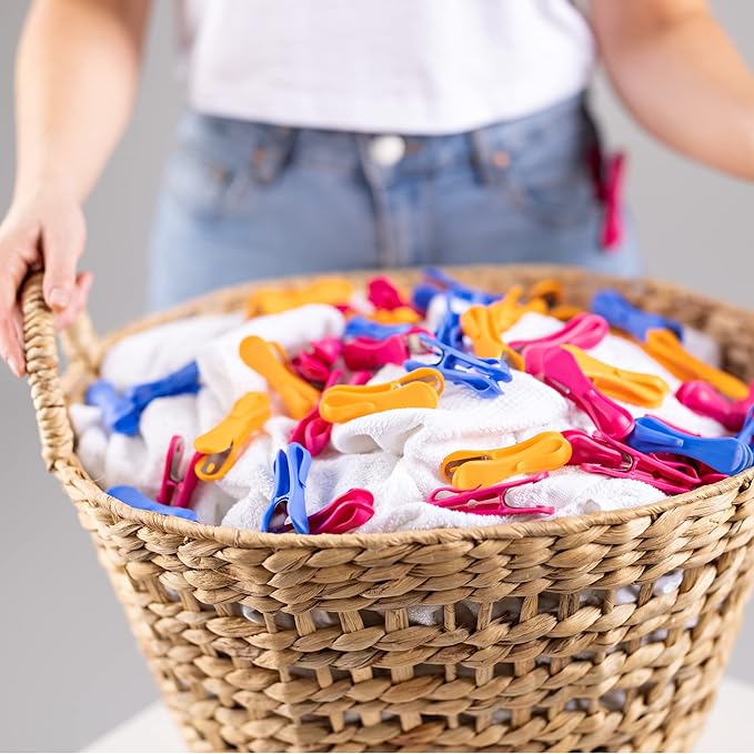 The Smartest Heavy Duty Clothespins with Hooks (24 Pack Orange, Pink, Blue) - Hang 3 Garments at Once with Our Tough, Dual Hooks Clothes Pins with Anti-Rust Spring - Tough, Colorful Clothespins