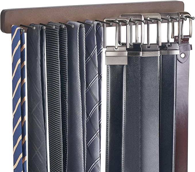 Mkono 2 Packs Tie Rack Wall Mounted Belt Hanger Holder Rustic Wood Tie Organizer for Men Closet Max up 20 Storage for Ties Belts Scarf