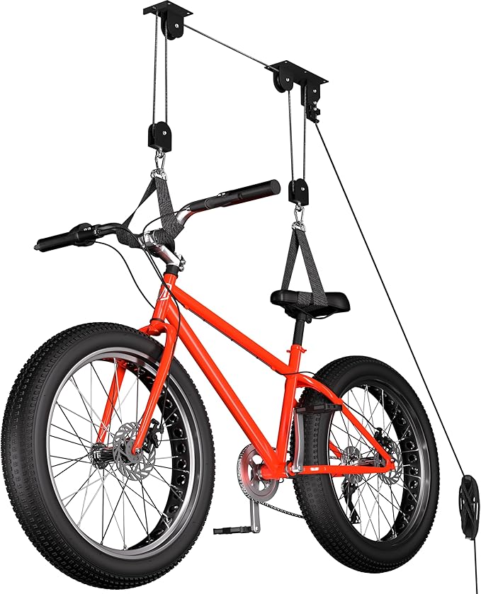 Bike Hoist, Heavy Duty Ebike Lift Pulley System for Garage Ceiling Overhead Storage for Bicycle, Ladders, Snowboard, Holds Up to 85 lbs Capacity, Fit 10-16 Foot High Ceilings