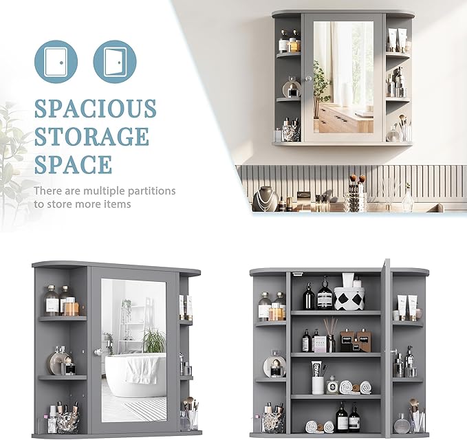Shintenchi Bathroom Wall Cabinet with Mirror, Mounted Medicine Cabinets with 4 Internal and 6 Open Shelves, Mirrored Door Over the Toilet Storage, Gray