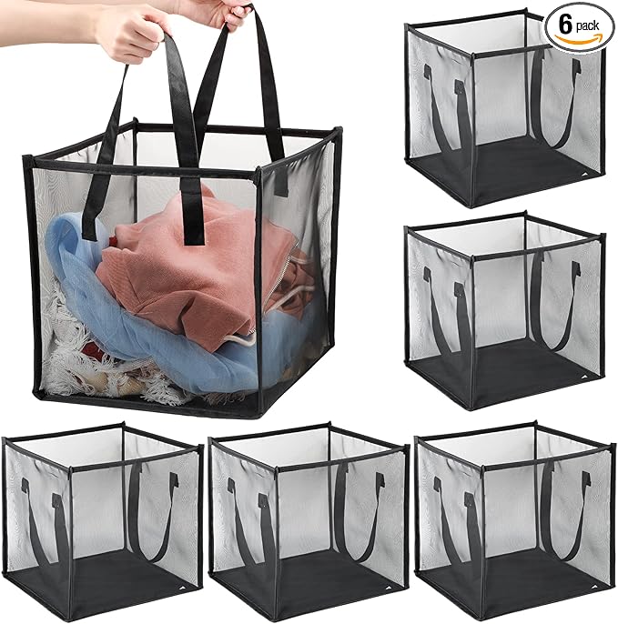Zopeal 6 Pack Popup Laundry Hamper 13 Inch Collapsible Laundry Baskets with Handles Mesh Clothes Baskets Portable Single Layer Foldable Clothes Hamper Square Bin for Washing (Black,Single-layer)