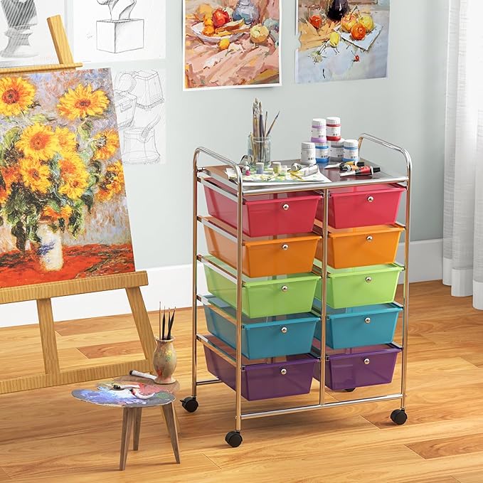 RELAX4LIFE Rolling Storage Cart with 10 Drawers - Craft Storage Cart with Lockable Wheels,Utility Cart, Art Cart Organizer for Crafting Storage, Studio, Office, School Rolling Drawer Cart (Rainbow)