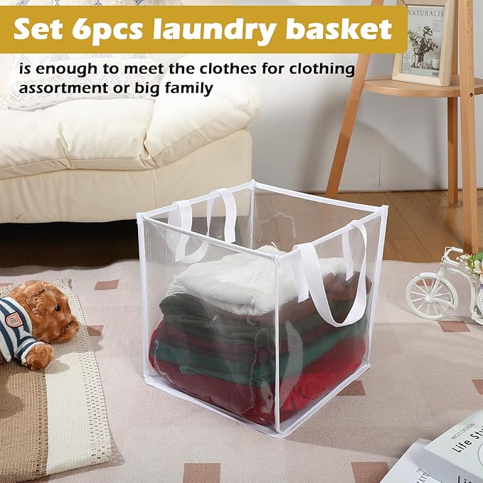 Zopeal 6 Pack Popup Laundry Hamper 13 Inch Collapsible Laundry Baskets with Handles Mesh Clothes Baskets Portable Single Layer Foldable Clothes Hamper Square Bin for Washing (White,Single-layer)