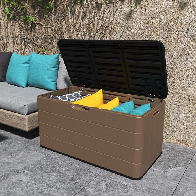 Resin Deck Storage Box, 85 Gallon Outdoor Storage Box Waterproof for Garden Storage,Patio and Backyard, Lockable Brown Color