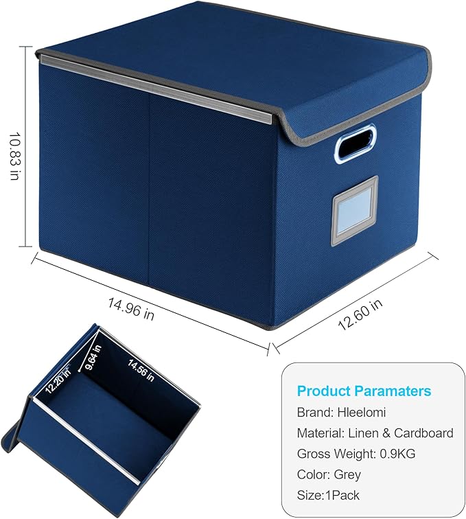 Collapsible File Box with Lid & Plastic Slide - Hanging Document Organizer for Office/Home, 14.96x12.6x10.83 Inch,Decorative Home File Bin,Blue, 1 Pack (No Folders Included)