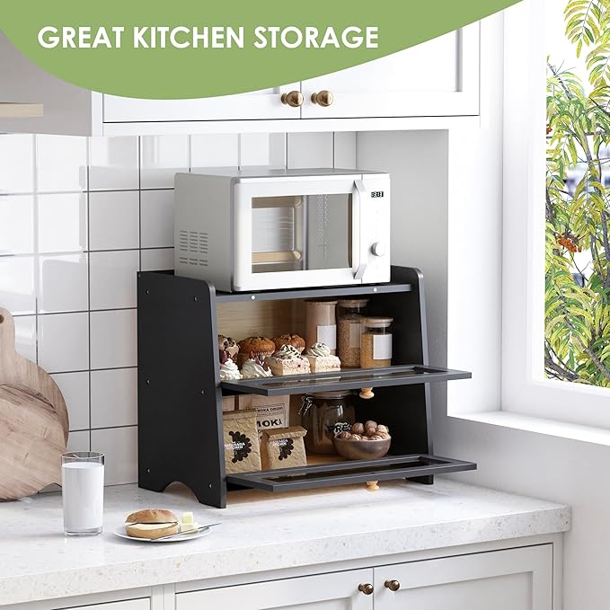Double Layer Bread Box for Kitchen Countertop, Large Breadbox Bread Container Storage with Acrylic Door, Wooden Farmhouse Bread Holder (Black, Medim-15.7" L x 9.5" W x 13" H)