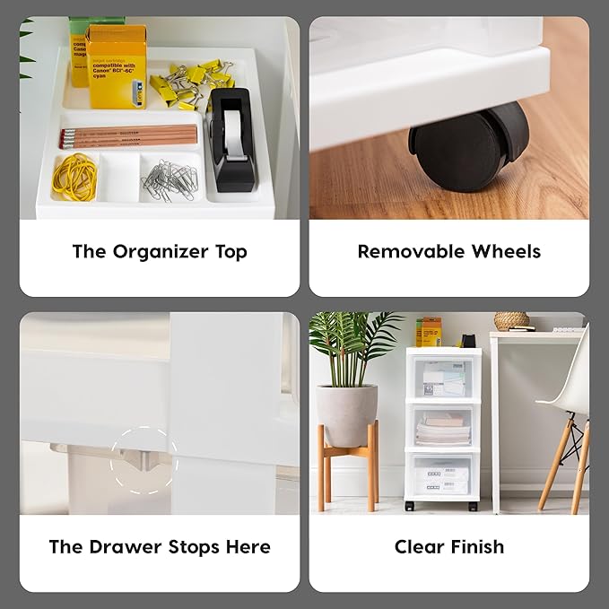 IRIS USA Plastic Drawer Storage Organizer Rolling Cart, with Wheels Casters, 3-Drawers, for Classroom Art Craft Supplies Dresser Closet Bathroom Laundry Room, White/Clear