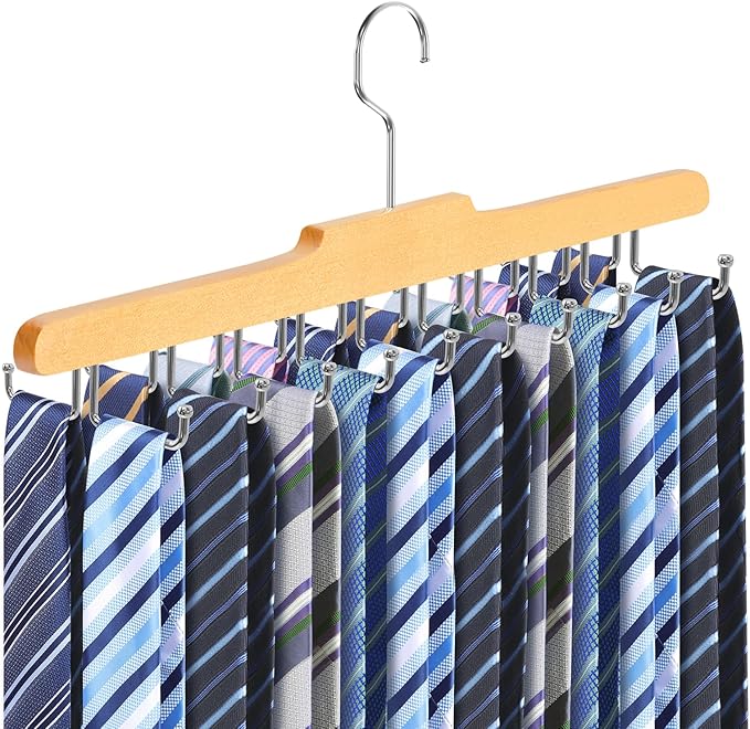 Tie Rack Hanger for Closet Fitnice Upgraded Non Slip Tie Holder Organizer Space Saving with 20 Foldable Hooks Wooden Belt Hanger for Tank Tops Bras Cami Scarves