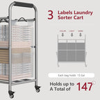 Tajsoon 3 Bag Laundry Sorter Cart, Laundry Hamper Sorter Basket with Heavy Duty Lockable Rolling Wheels for Clothes Storage, Grey & White