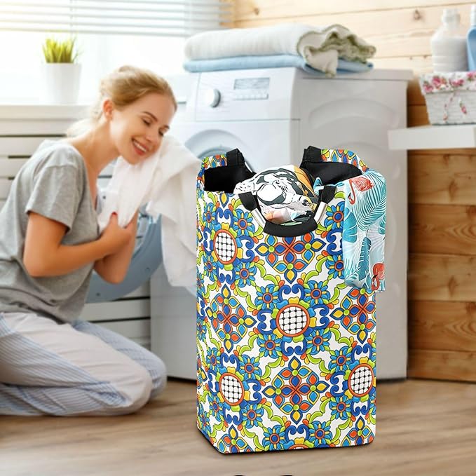 Mexico Talavera Tiles Laundry Basket for College Dorm,50L Collapsible Portable Laundry Hamper Storage Basket for Toys Clothes Organizer