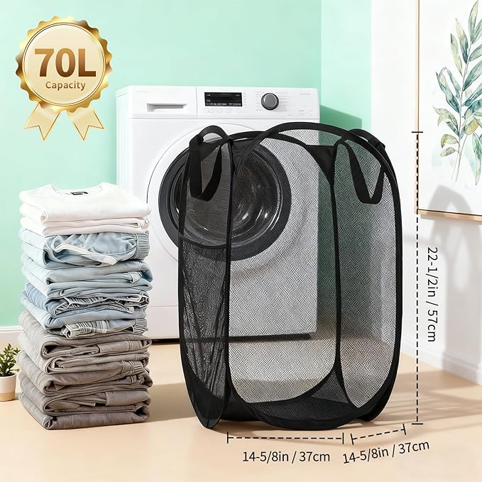 Pop Up Laundry Hamper Mesh Laundry Basket Collapsible Laundry Basket with Wide Opening Durable Hamper Bag for Clothes Storage (Black,1-PACK)