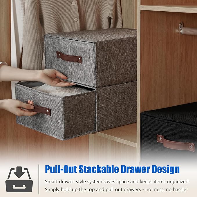 4PCS Closet Drawer Organizer Stackable Fabric Storage Boxes Bins Baskets with Lid PU Leather Handles Foldable Washable Cotton Linen Wardrobe Shelf Cloth Towels Container (Gray, Large)