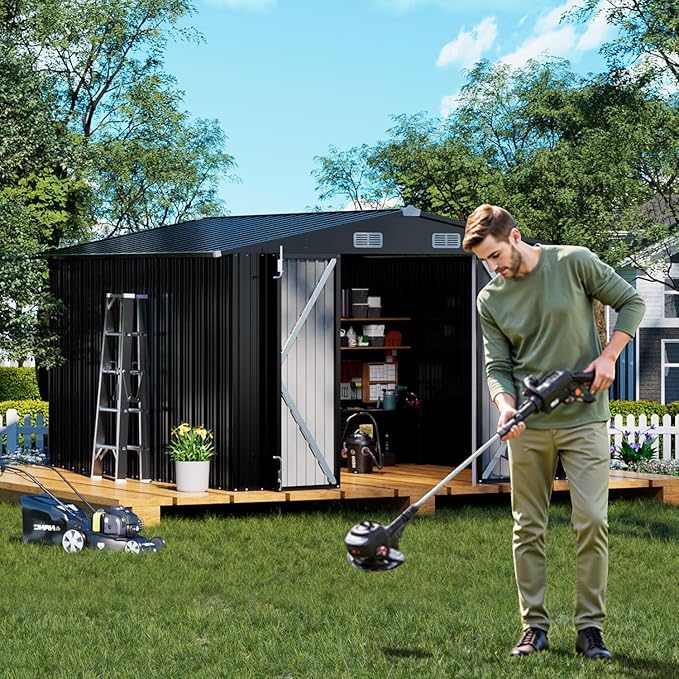 COMHOMA Shed Outdoor Storage Shed Metal,Lockable Doors Tool Sheds with Sloping Roof,Steel Garden Shed with Air Vent for Backyard,Patio,Lawn,Poolside(Grey,10'x12')