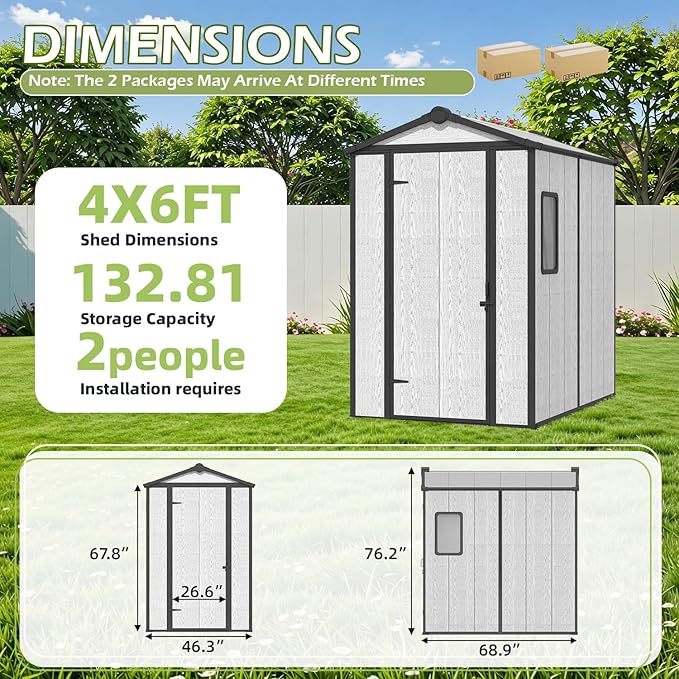 4 x 6 FT Resin Outdoor Storage Shed, All-Weather Plastic Garden Shed with Floor, Lockable Doors & Windows, Plastic Tool Shed for Poolside, Patio, Backyard