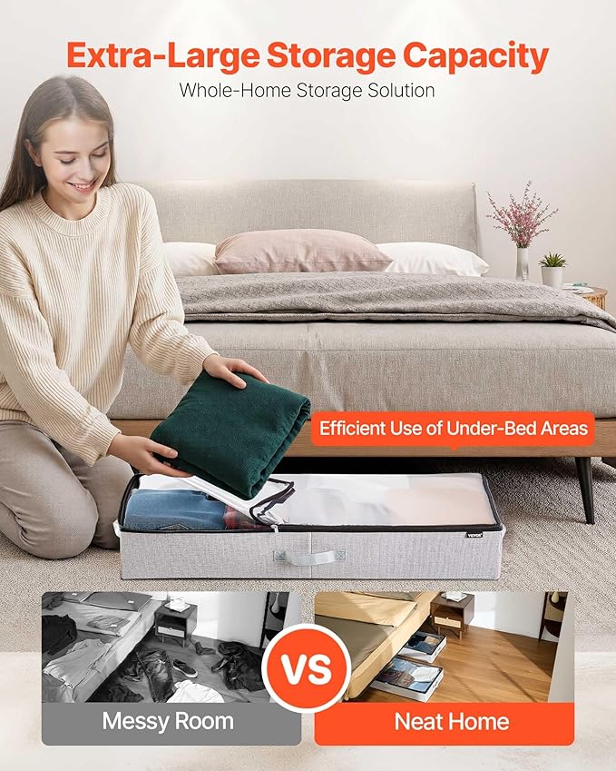 VEVOR Under Bed Storage with Clear Lids, 33.5 x 16.9 x 4.7 Inch, 45L Large Underbed Clothes Storage Containers, Low Profile Under Bed Drawer Shoe Organizer Bins Box for Blanket Shoe Bedroom, 2 Pack
