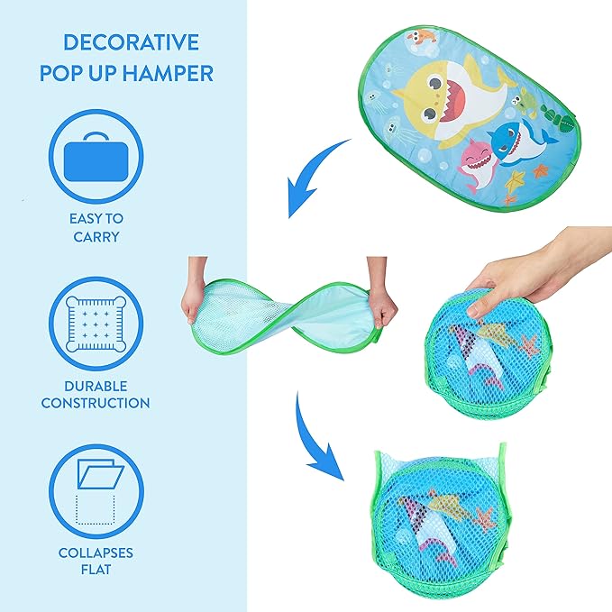Baby Shark Pop-Up Hamper,Kids Laundry Storage Bin with Durable Carry Handles, 21" x 13.5" x 13.5" Collapsible Organizer