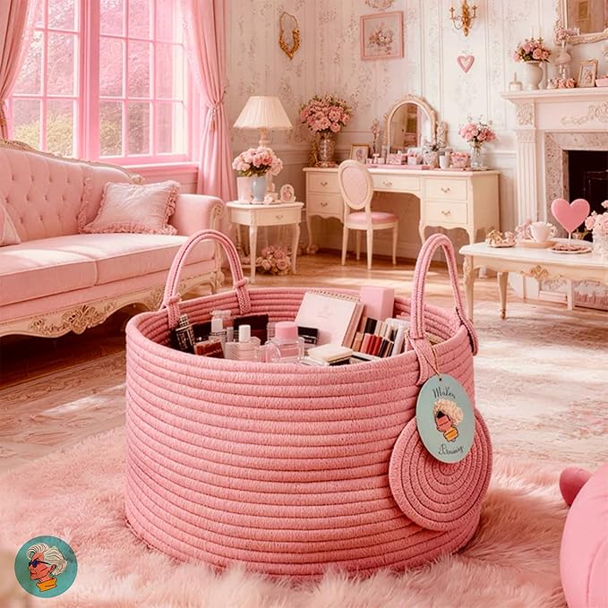 Modern Granny Small Cotton Rope Laundry Basket 16x10 Inch Dual Secure Woven Handle for Living Room Closet Clothes Blanket Organization