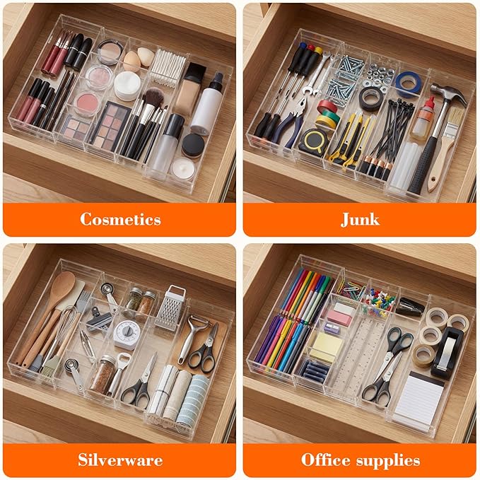 1 Pcs Acrylic Desk Drawer Organizer 9'' up to 16'' x 12'' x 2.2'' Expandable Drawer Organizer Trays with 10 Adjustable Compartments Clear Desk Accessories for Makeup Office Bathroom