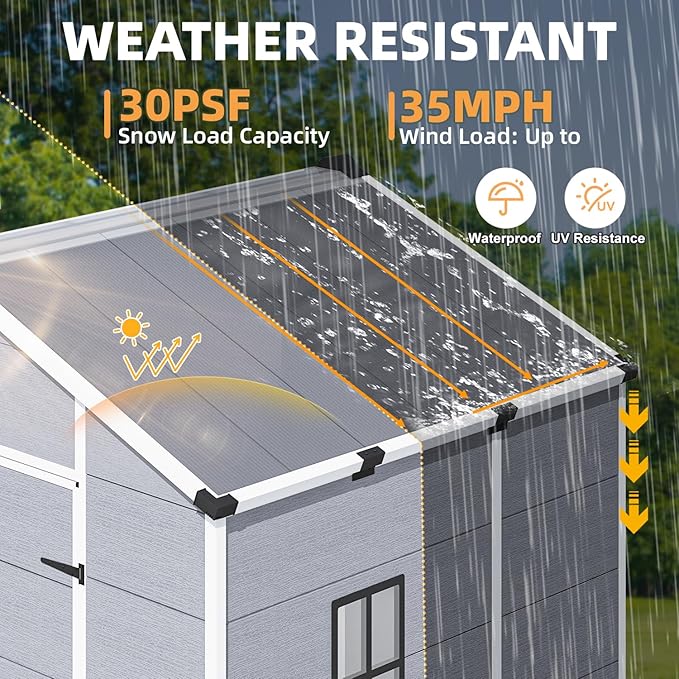 MELLCOM 8 x 6 FT Resin Outdoor Storage Shed with Floor, Resin Garden Shed with Windows and Lockable Door, Storage Tool Shed for Bike, Pool Supply, Lawnmower