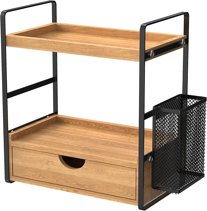 LEMIKKLE Bathroom Counter Organizer with Basket, Bathroom Organizers and Storage,Skincare Organizers for Vanity,Storage Organizers for Bathroom, Kitchen, Dresser (Light Brown with Drawer)