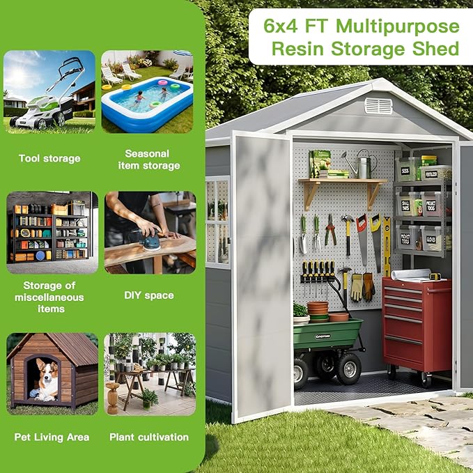 AIRAJ 6x4 FT Outdoor Storage Shed,Resin Storage Shed with Floor/Window/Vent/Roof Rainwater Drainage/Lockable Door,All-Weather Garden House,for Backyard, Garden,Poolside,Bike,Lawn Mower,Patio Furniture