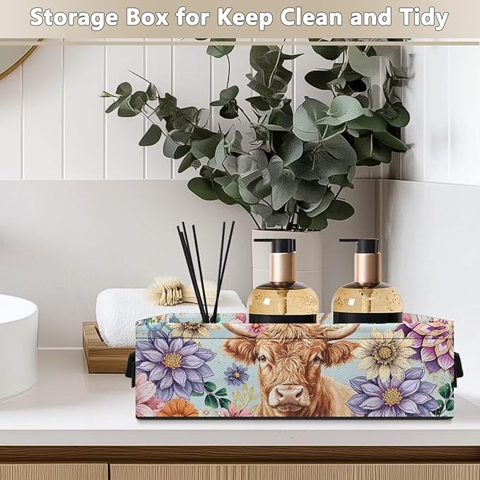 Narrow Storage Basket Small Toilet Paper Storage Bins Collapsible Canvas-like Fabric Organizer for Bathroom Kitchen Living Room Accessories and Decor, Boho Flower Highland Cow