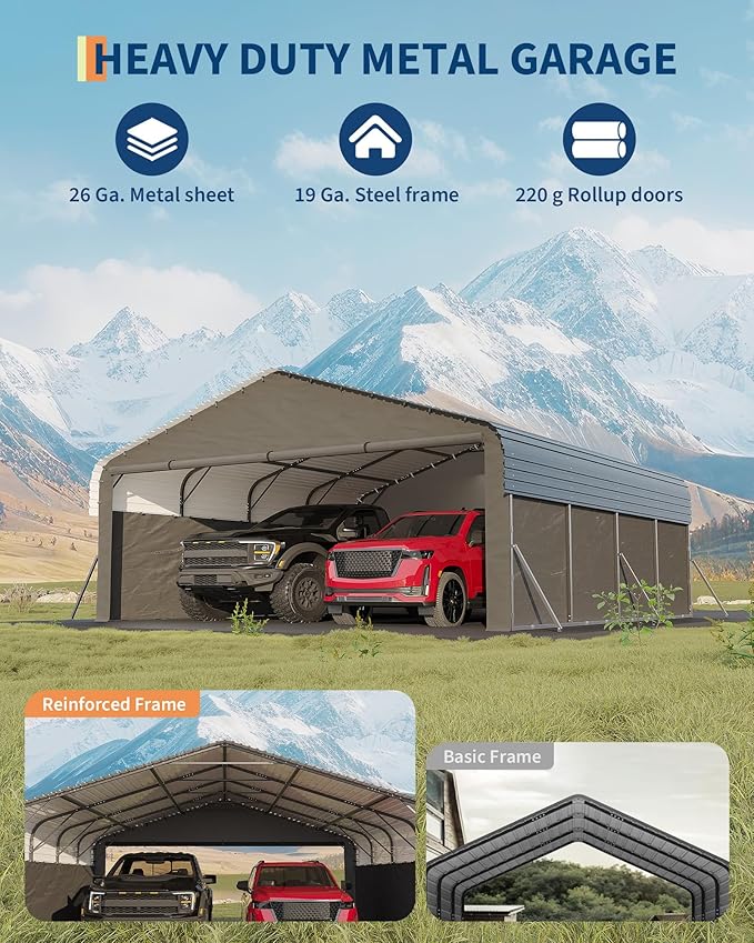Garvee 20'X20'X10' Metal Car Port for 2 Cars, Enclosed Carports with 220 g Tarp, All-Weather Use Metal Carport, for Full-Size Pickup Trucks, Bass Boats, and Tractors