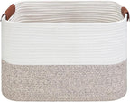 Large Cotton Rope Storage Basket with Leather Handles, Laundry Hamper Basket, 20 "L x 14" W x 12 "H, Durable & Stylish Organizer for Home.(Large Brown)