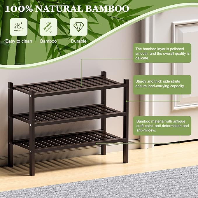 3 Tier (Thick) Bamboo Shoe Rack for Closet Free Standing Wood Shoe Shelf for Entryway Small Space Stackable 27"x12"x21" (Black Brown)