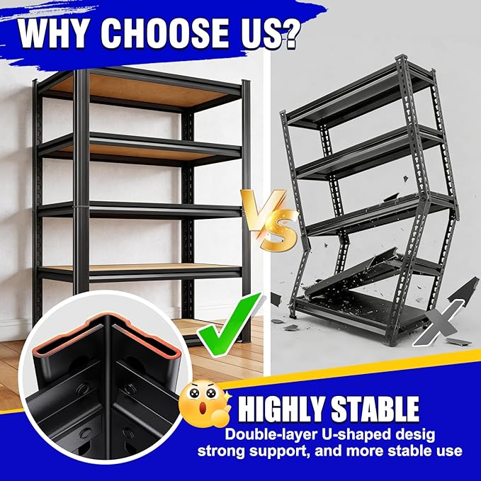 71"Hx46"Wx18"D Garage Shelving-2050 lbs 5 Tier Storage Shelves,Adjustable Heavy Duty Metal Shelving Unit and Storage Large Rack,Utility Steel Shelf for Warehouse Industrial Pantry Basement Black