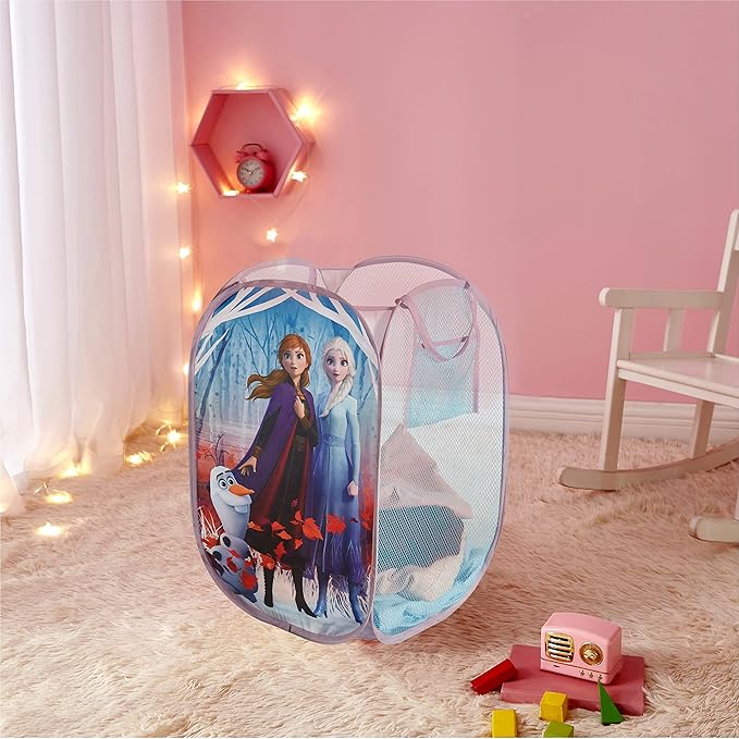 Frozen 2 Pop-Up Hamper for Kids,Laundry Hamper with Anna & Elsa Design, Durable Mesh Fabric & Carry Handles, 21”H x 13.5”W, Collapsible Storage for Bedroom or Playroom
