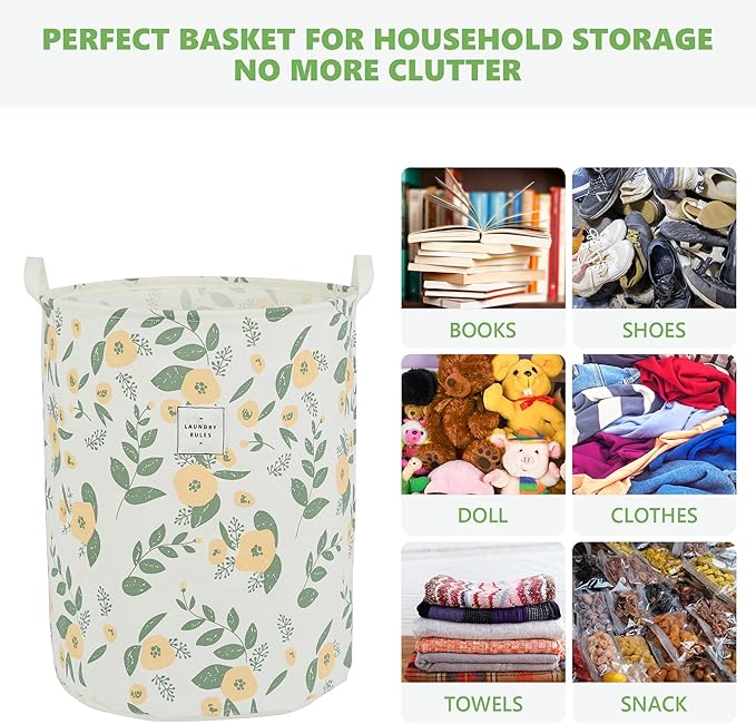 Large Foldable Laundry Basket Organizer Holder portable tall collapsible laundry hamper nusery Storage Basket Bin with Handles Closure (Waterproof Lining, Floral Green Orange)