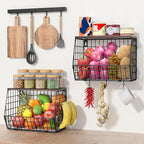 Fruit Basket for Kitchen Counter 2 Tier Fruit Bowl, Stackable Wall Mounted Hanging Fruit Basket Wire Baskets with Wood Lid with 4 Banana Hanger Hooks, Onion Basket, Fruit and Vegetable Storage
