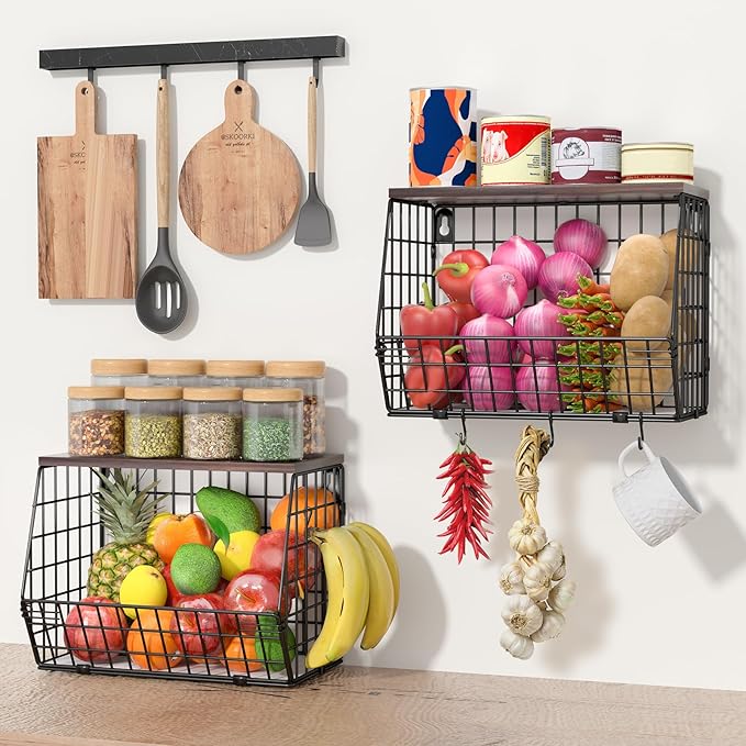 Fruit Basket for Kitchen Counter 2 Tier Fruit Bowl, Stackable Wall Mounted Hanging Fruit Basket Wire Baskets with Wood Lid with 4 Banana Hanger Hooks, Onion Basket, Fruit and Vegetable Storage