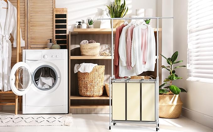 Deco Brothers Heavy Duty 3 Bag Extendable Laundry Sorter Cart with Hanging Bar, Beige