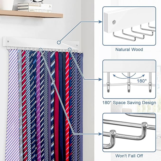 Tie Rack Wall Mounted, Belt Rack Tie Organizer for Men with 20 Storage Hooks, Non Slip 180 Degree Rotating Tie Holder Belt Hanger for Closet/Wall Mount
