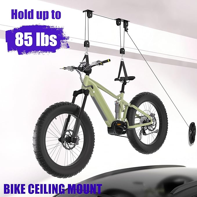 Bike Hoist, Heavy Duty Ebike Lift Pulley System for Garage Ceiling Overhead Storage for Bicycle, Ladders, Snowboard, Holds Up to 85 lbs Capacity, Fit 10-16 Foot High Ceilings