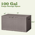Flamaker Outdoor Storage Box 100 Gallon Waterproof Resin Deck Box Delivery Box with Air Rod Indoor Outdoor Lockable Storage Bench for Patio Cushions, Tools, Pool Accessories (Brown)