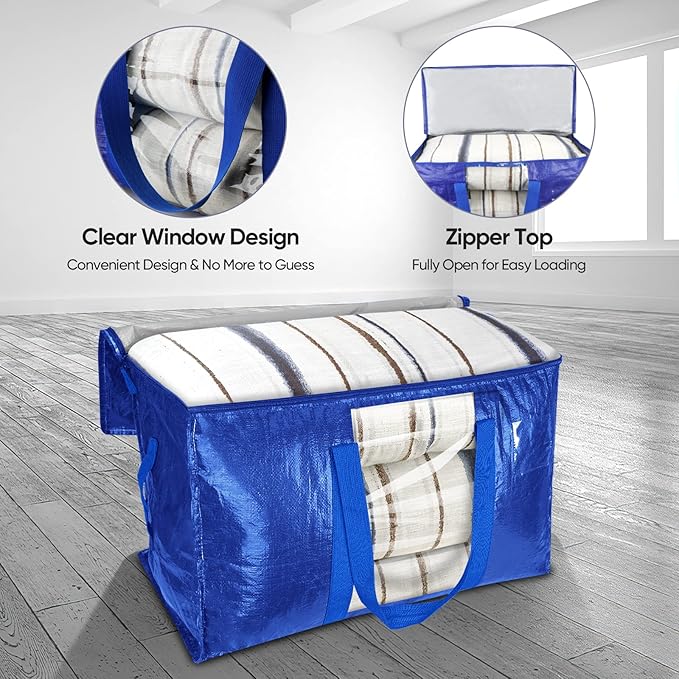 BALEINE 2-Pack Oversized Moving Bags with Reinforced Handles, Heavy-Duty Storage Tote Moving Supplies for Packaging, Camping (Blue w/Window, 2-Pack)