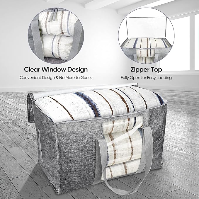 BALEINE 4-Pack Oversized Moving Bags with Reinforced Handles, Heavy-Duty Storage Tote Moving Supplies for Packaging, Camping (Gray w/Window, 4-Pack)