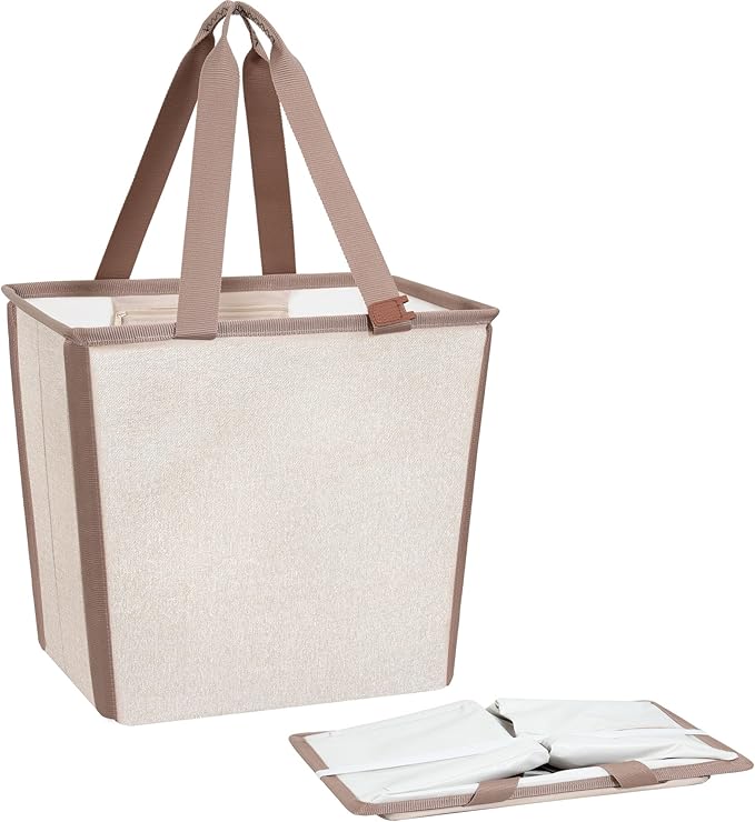 STORAGE MANIAC Collapsible Laundry Basket, 16.9 Gal. Large Pop-up Laundry Hamper with Long Carry Handles, Space-Saving Foldable Clothes Hamper with Bottom Elastic Band, Travel Laundry Bags, Oat Beige